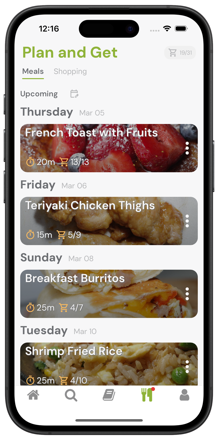 Cook tab with meal plan and shopping list