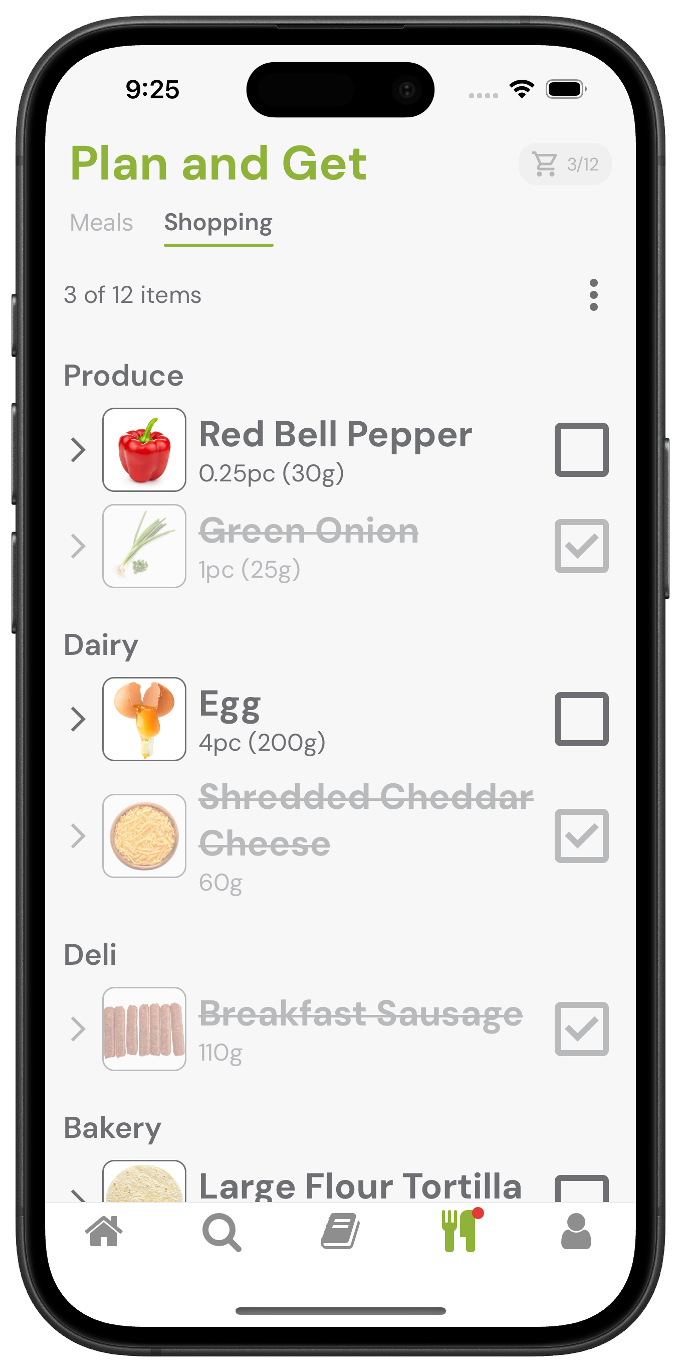 Shopping list organized by category